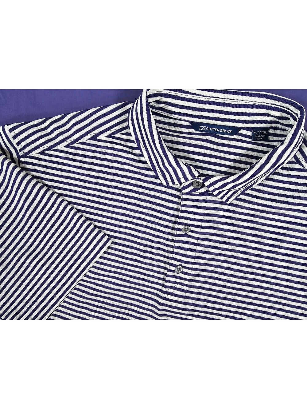 Cutter & Buck Mens XLT Polo Shirt Purple White Stripe Golf Performance Stretcht